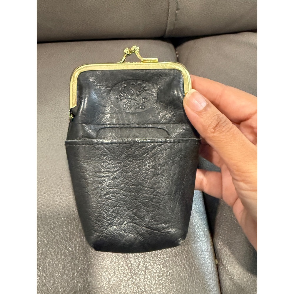 Buxton Vintage Black Leather Kiss Lock Cigarette Case Coin Pouch Gold Hardware